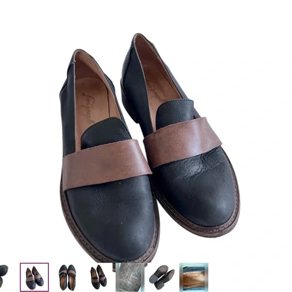 Free People Penny Loafers Genuine leather block heels black brown shoes 38 8 - Picture 2 of 7